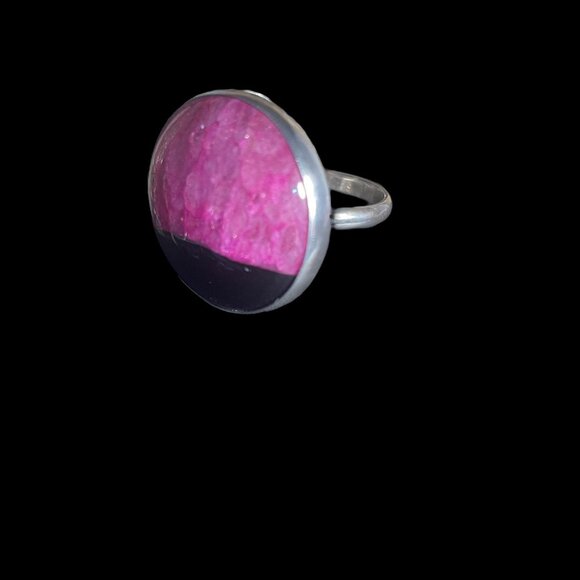 Handcrafted Pink & Black Sterling Silver Statement Ring Artistic Gift Modern - Picture 2 of 8